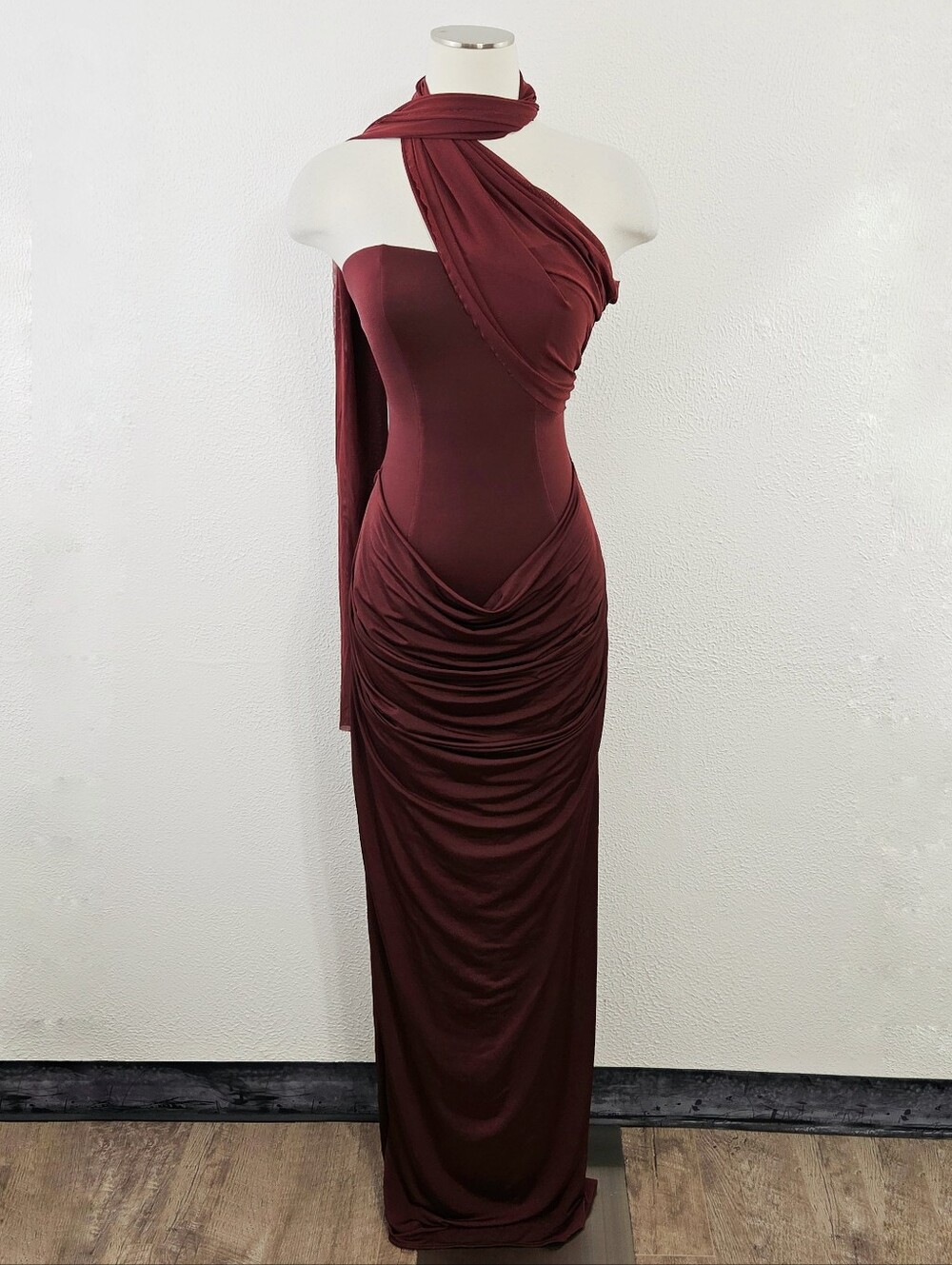 Meshki Mattea Slinky Mesh Maxi Dress With Scarf Burgundy red women's size small - Picture 4 of 10